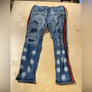MAKOBI Distressed Blue Jeans with Red Stripe 38 x 32 (LQ)